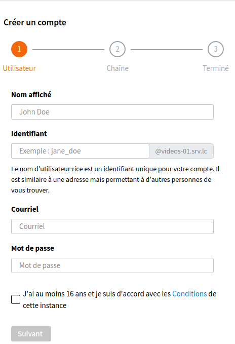 Page après avoir cliqué sur "Créer un compte"
