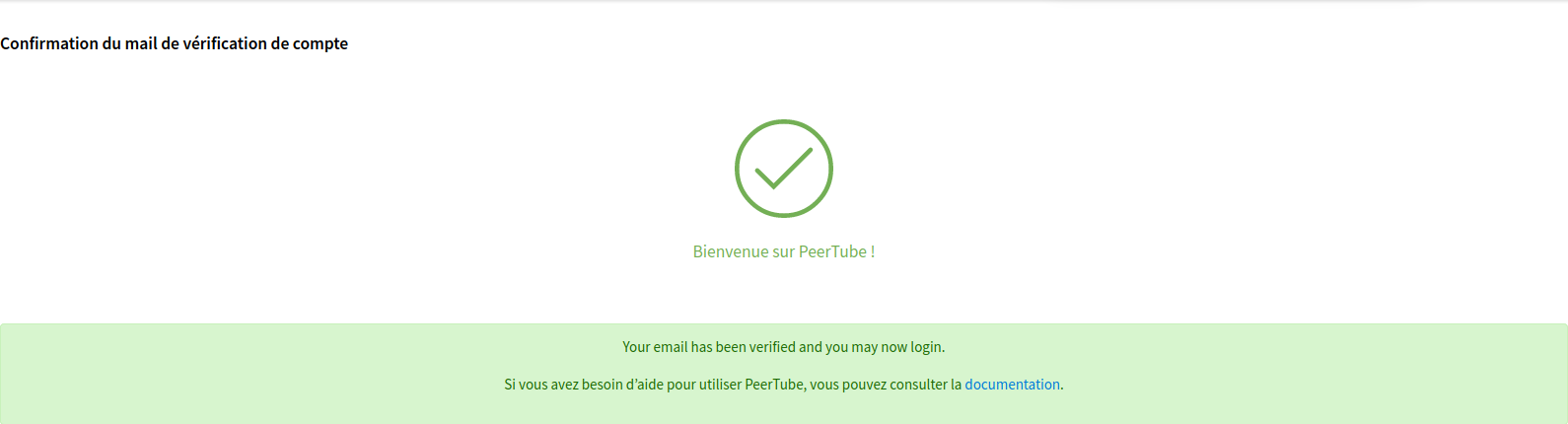 Page après avoir cliqué sur le lien de vérification dans le courriel